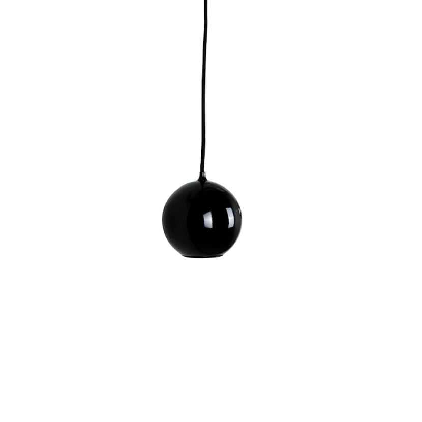 Modern black Innermost Boule globe light, adjustable length pendant for high ceilings in commercial lobbies. 