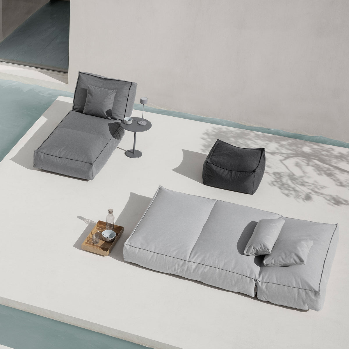 blomus STAY Outdoor Throw Pillows, Square or Lumbar – STAY outdoor pillow styled with blomus FAROL and SABLO