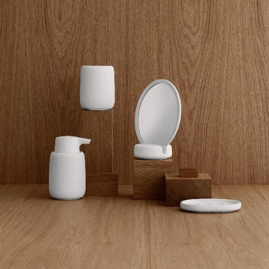 blomus SONO Ceramic Soap Dish with Raised Ridges – SONO soap dish in a styled bathroom (1)