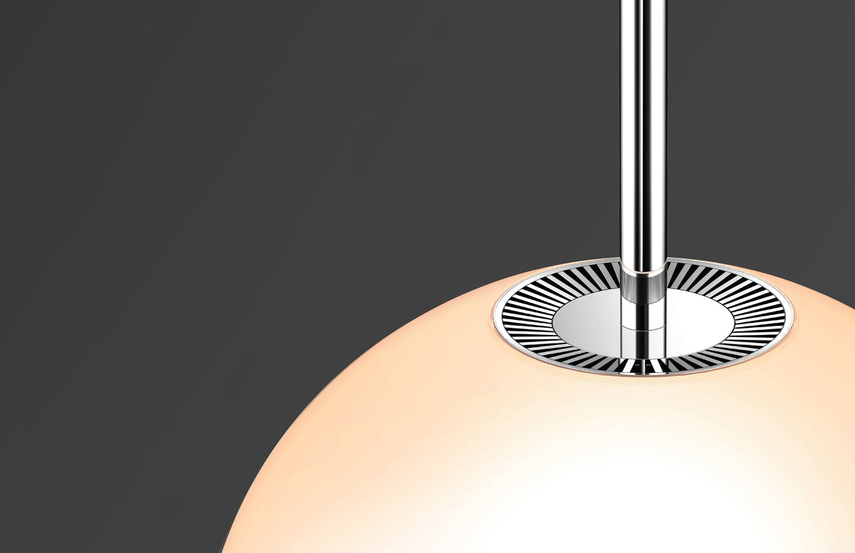 Close view of a large Bola opal glass globe with its metal post