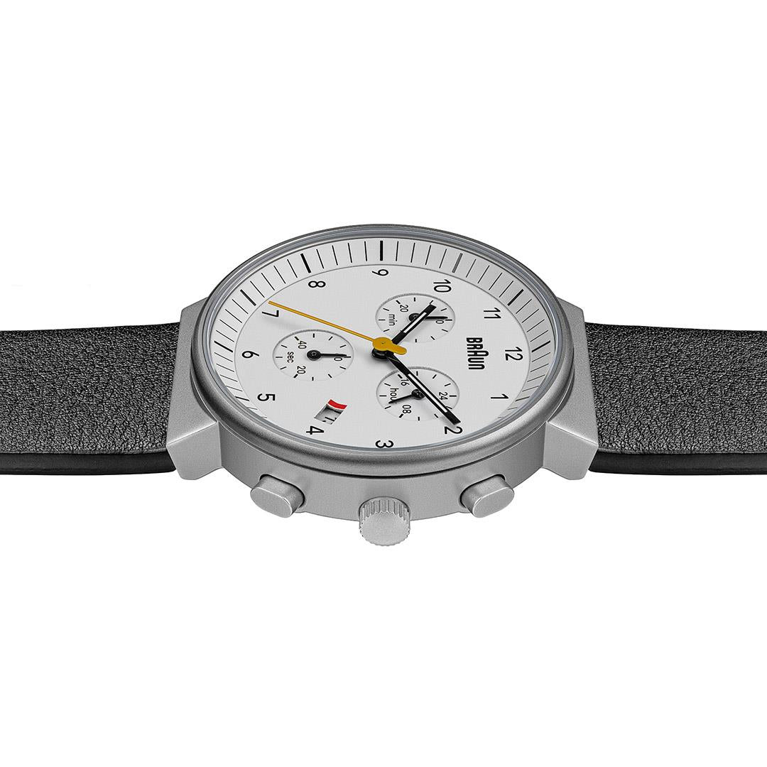 Braun BN0035 Classic Chronograph – White Dial, Black Leather – side profile