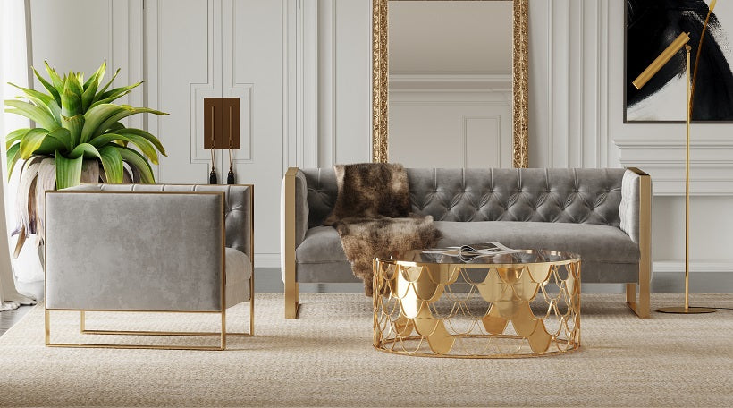 Divani Casa Carlos Modern Grey Velvet and Gold Sofa