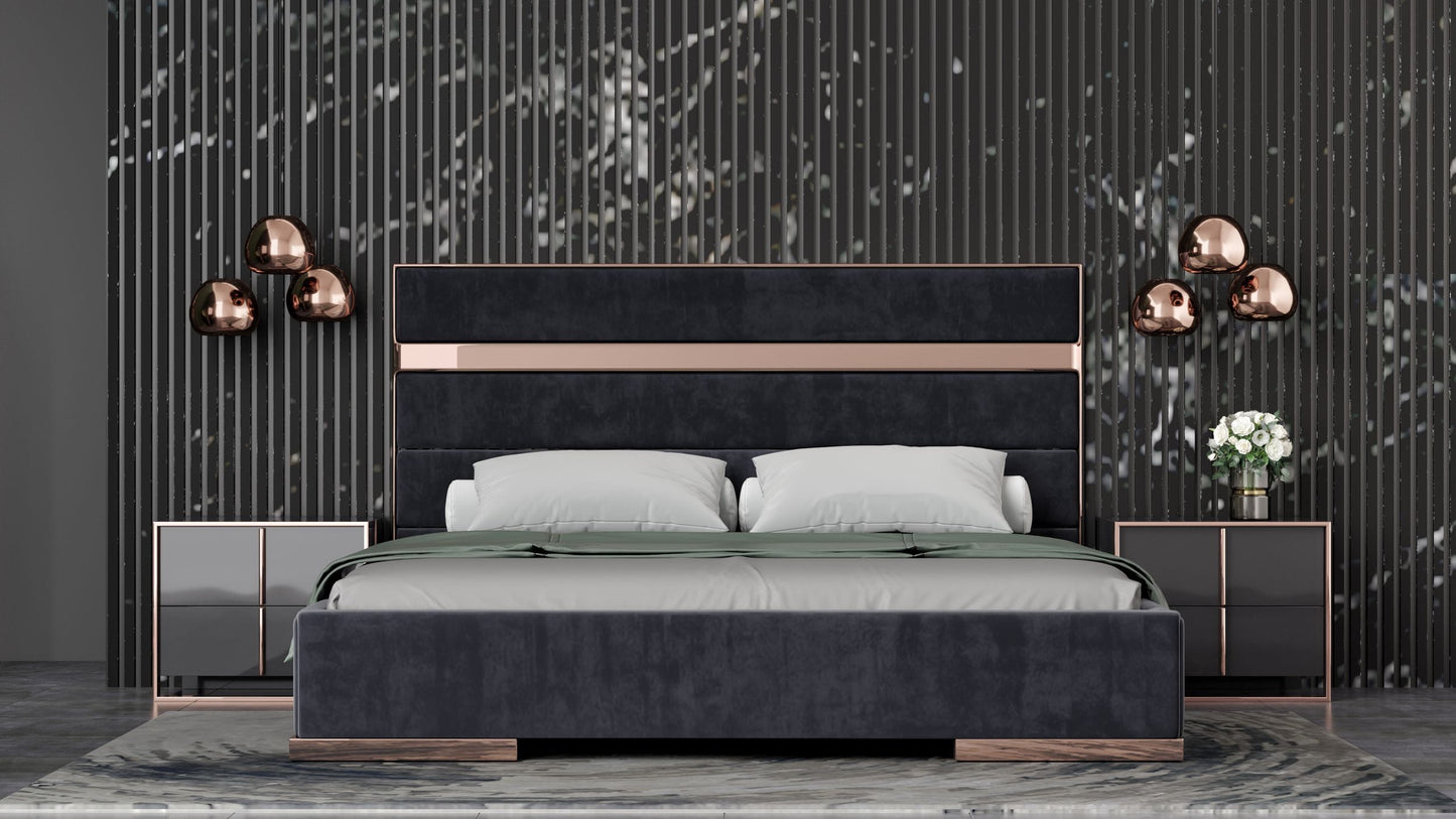 Nova Domus Cartier Modern Black Velvet and Rosegold Bed