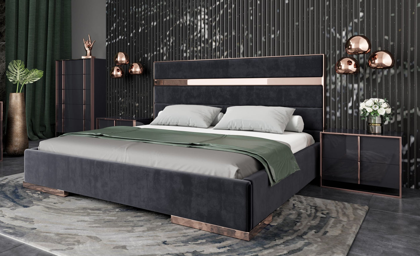 Nova Domus Cartier Modern Black Velvet and Rosegold Bed