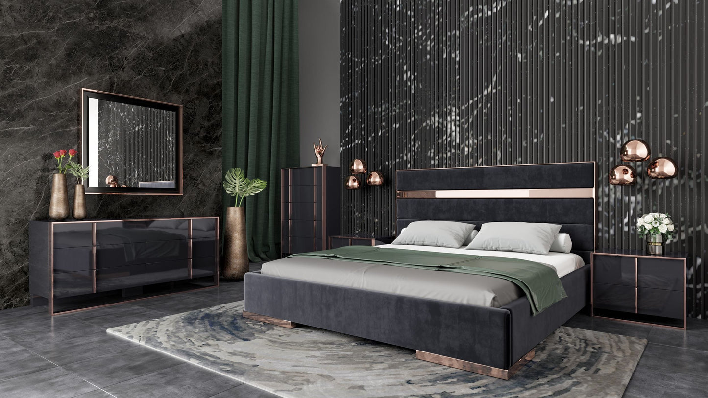 Nova Domus Cartier Modern Black Velvet and Rosegold Bed