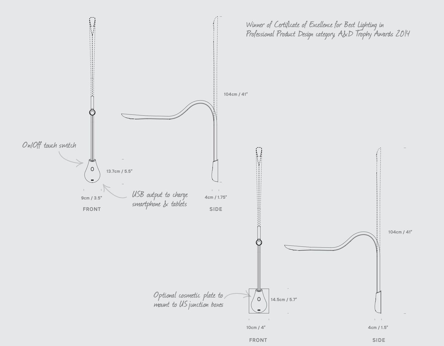 Sleek white or brown leather Cobra wall-mounted lamp, showcasing its compact form and discreet USB outlet.