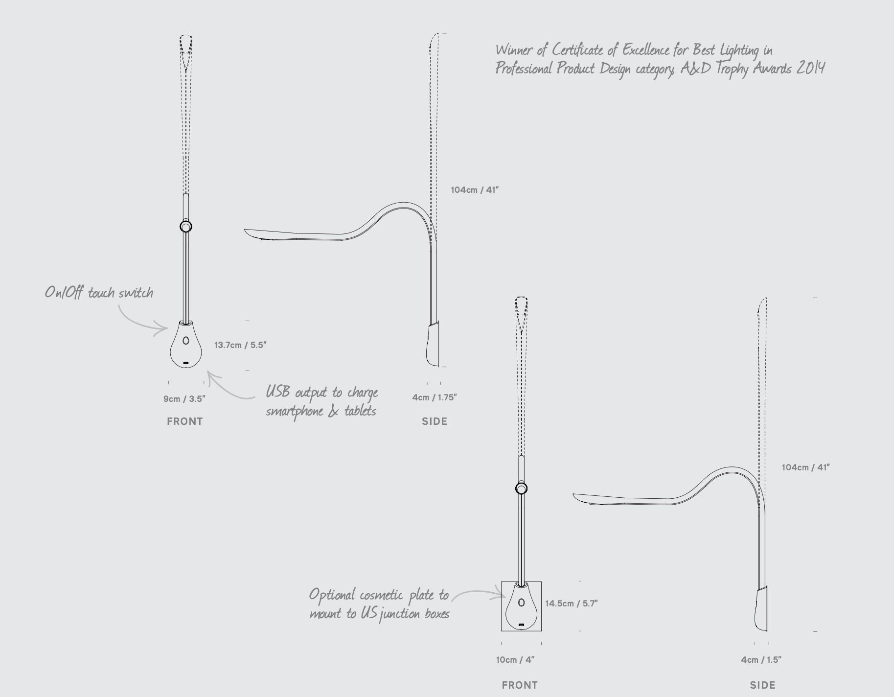 Sleek white or brown leather Cobra wall-mounted lamp, showcasing its compact form and discreet USB outlet.