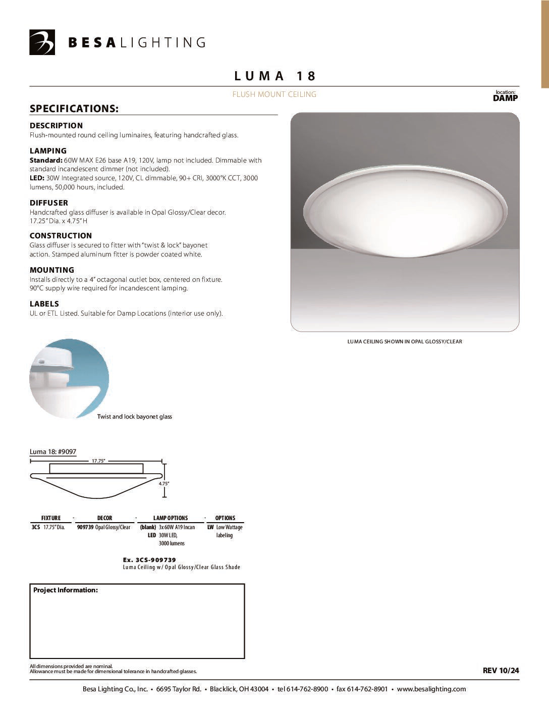 Besa Luma 18 specification sheet with dimension drawing