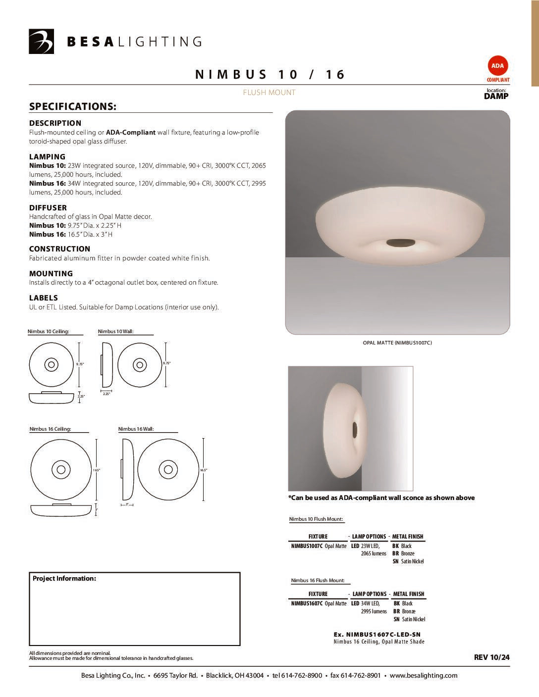 Besa Nimbus 16 specification sheet with dimension drawing