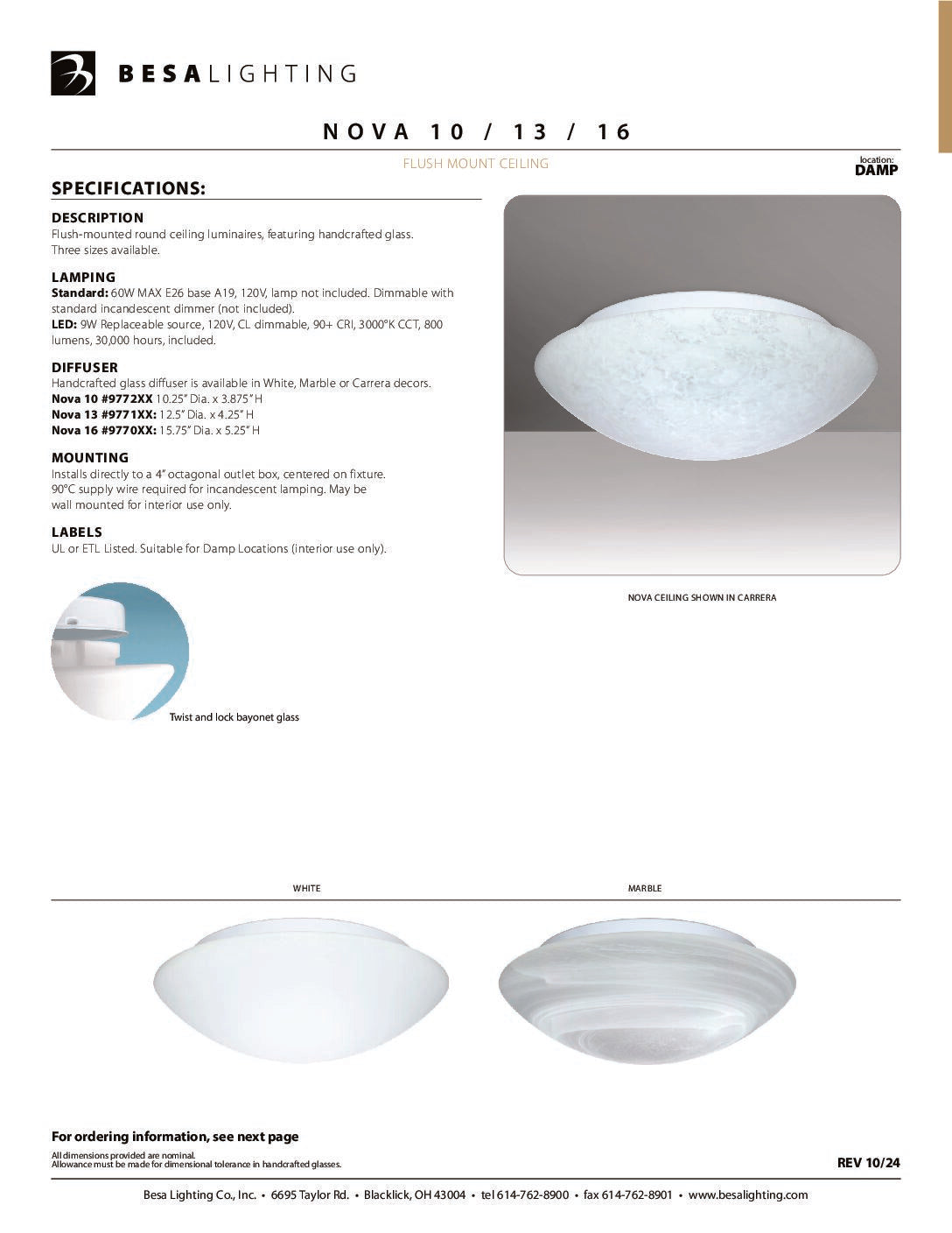 Besa Nova 10 specification sheet with dimension drawing