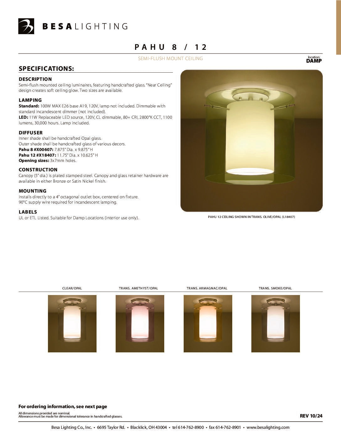 Besa Pahu 12 ceiling specification sheet with dimension drawing