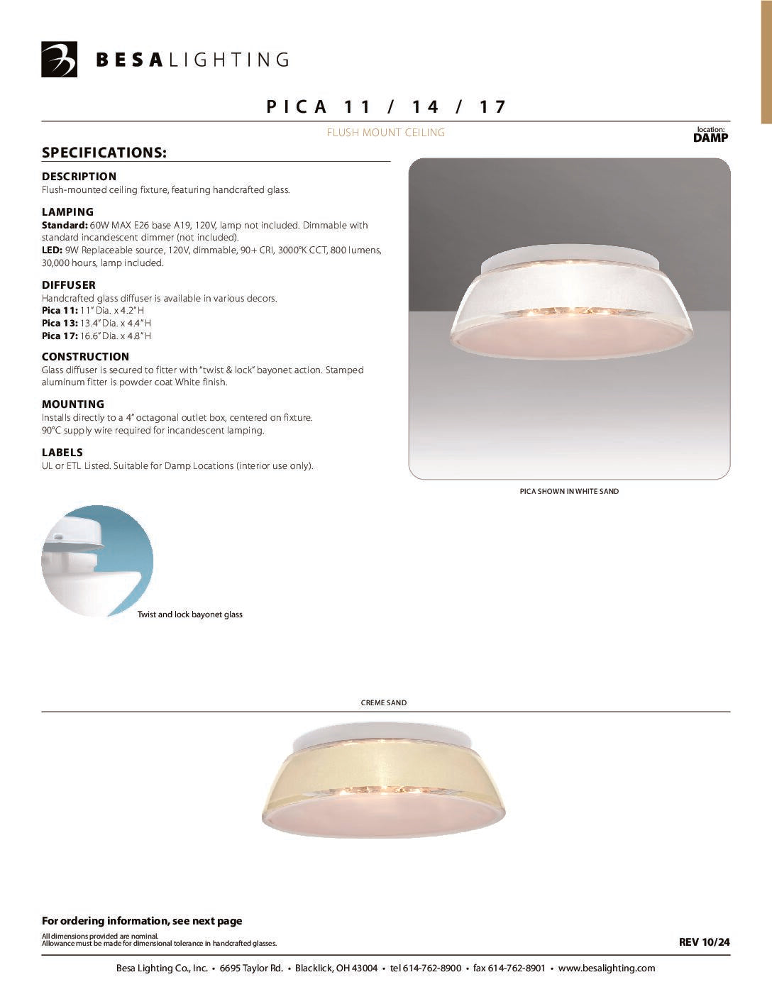 Besa Pica 11 specification sheet with dimension drawing