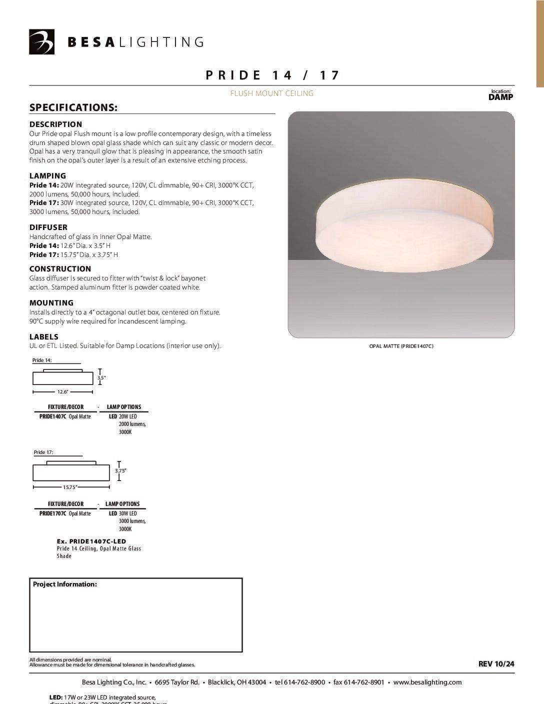 Besa Pride 14 specification sheet with dimension drawing