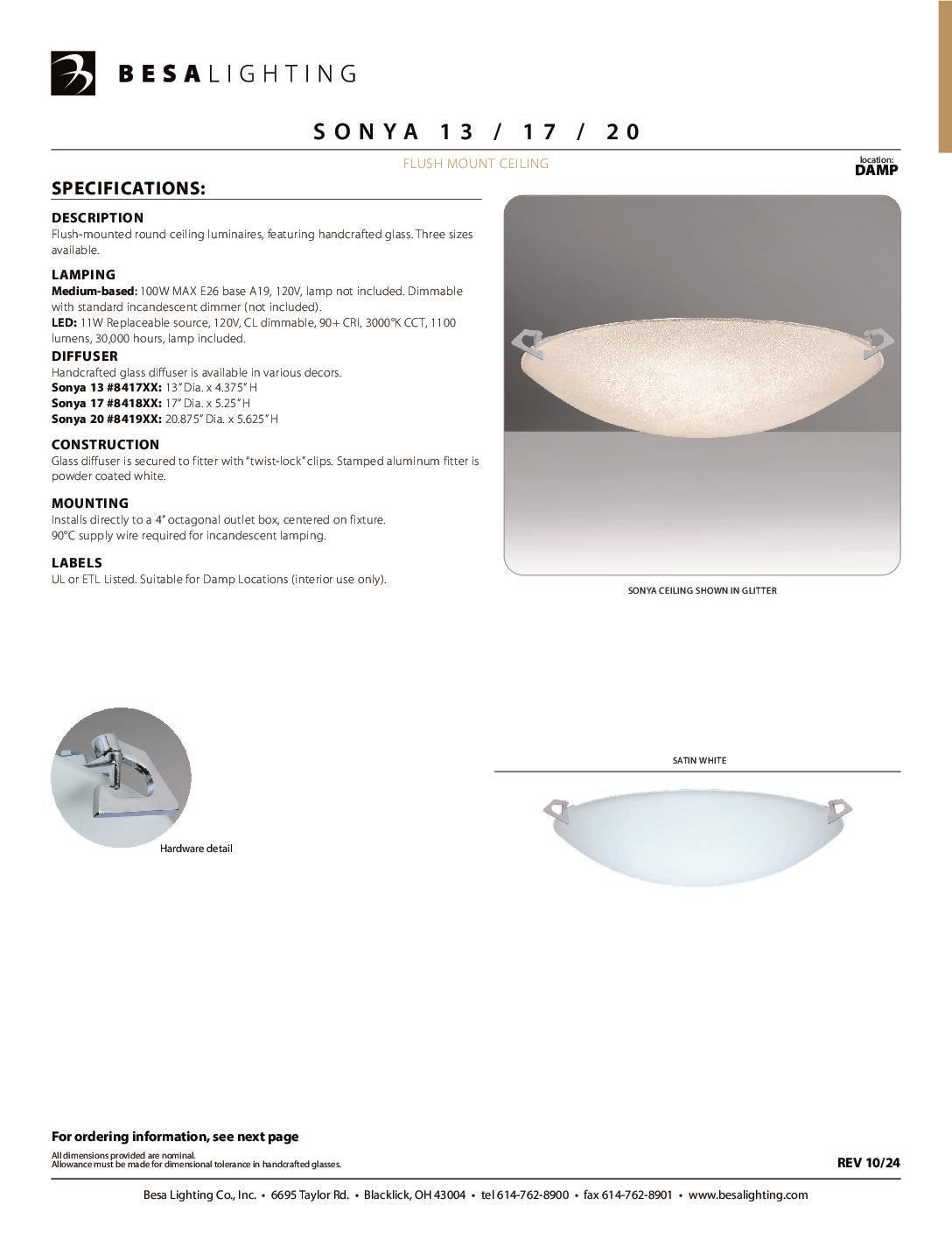Besa Sonya 13 specification sheet with dimension drawing