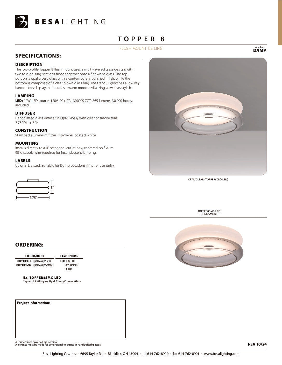 Besa Topper 8 specification sheet with dimension drawing
