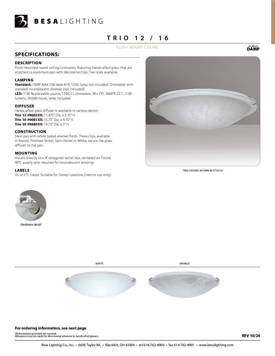 Besa Trio 12 specification sheet with dimension drawing