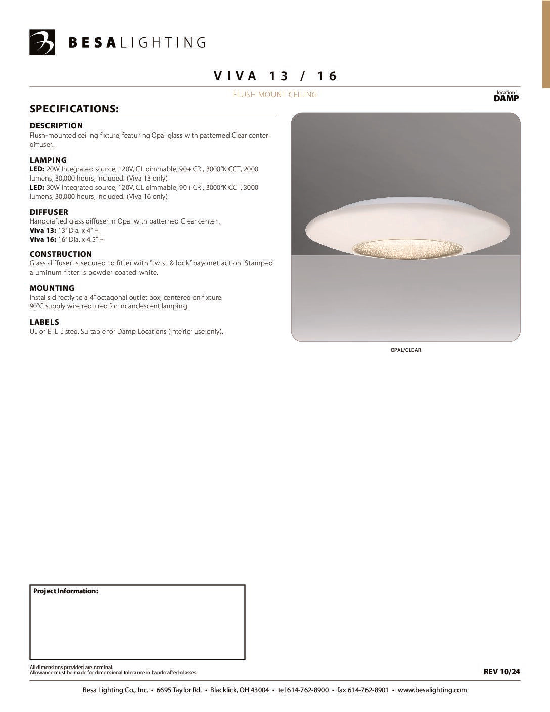Besa Viva 13 specification sheet with dimension drawing