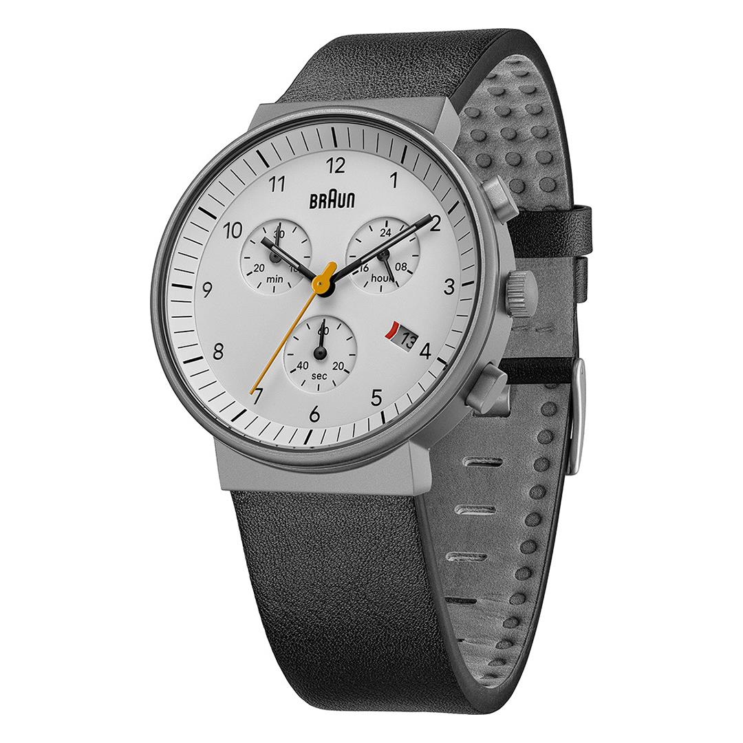Braun BN0035 Classic Chronograph – White Dial, Black Leather – angled view