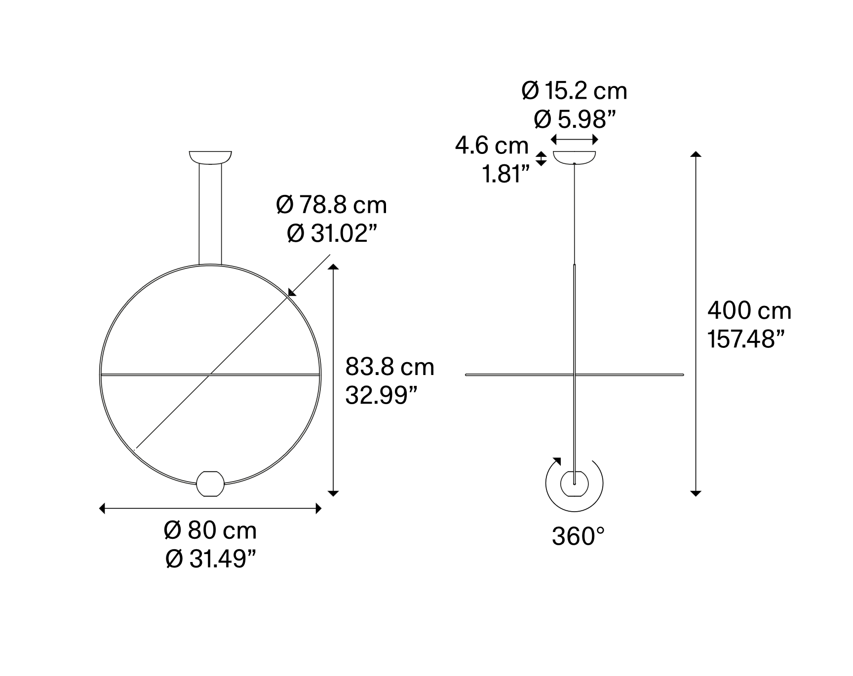 Technical line drawing of the large Lodes Elara LED pendant showing adjustable ring design, canopy, and fixture dimensions