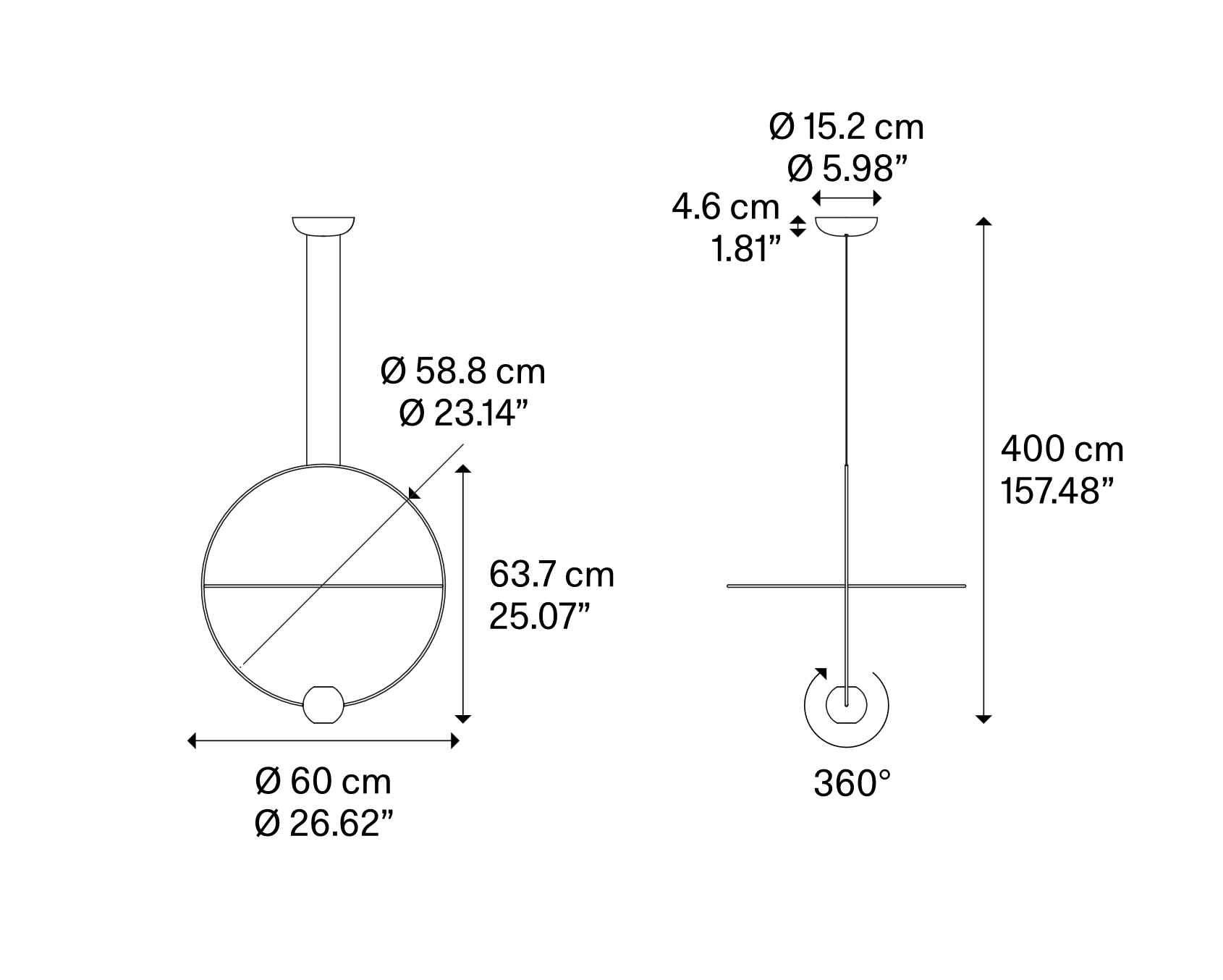 Technical line drawing of the medium Lodes Elara LED pendant with adjustable ring structure