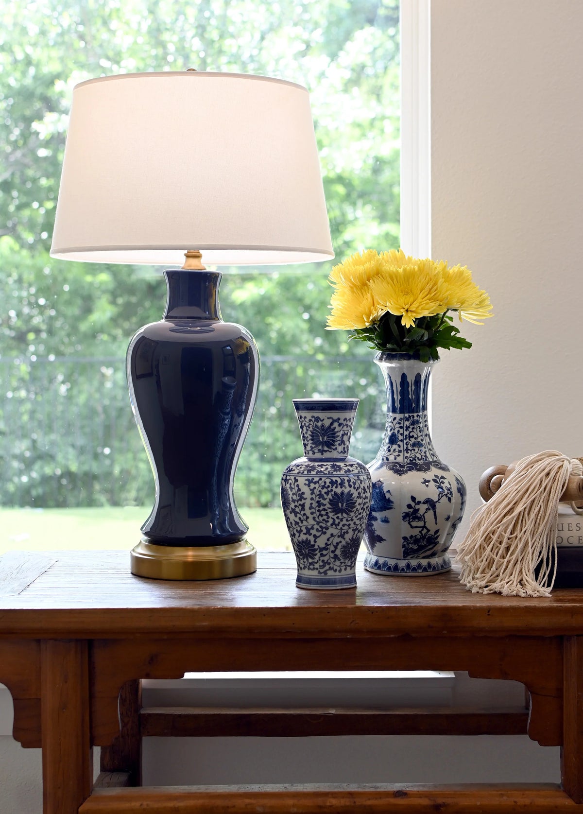 Elijah rechargeable midnight blue ceramic table lamp with off-white shade