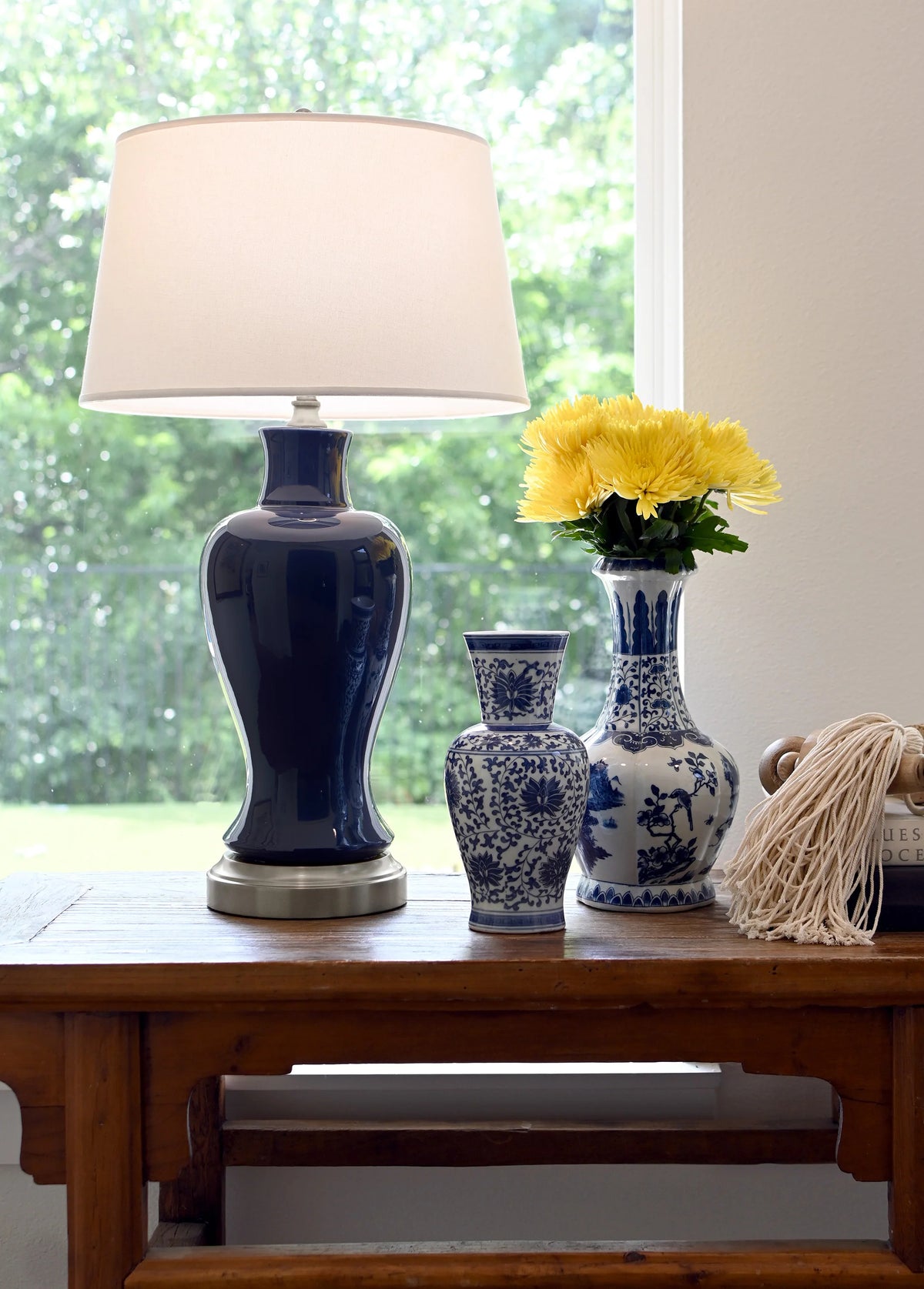 Elijah rechargeable blue ceramic table lamp with brushed nickel accents and off-white shade
