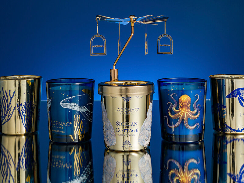 Ladenac Milano Colapesce advent calendar, votives with a carousel on blue