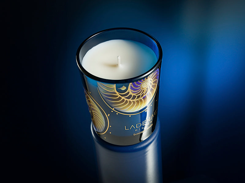 Ladenac Milano Colapesce advent calendar, lit cobalt and gold votive