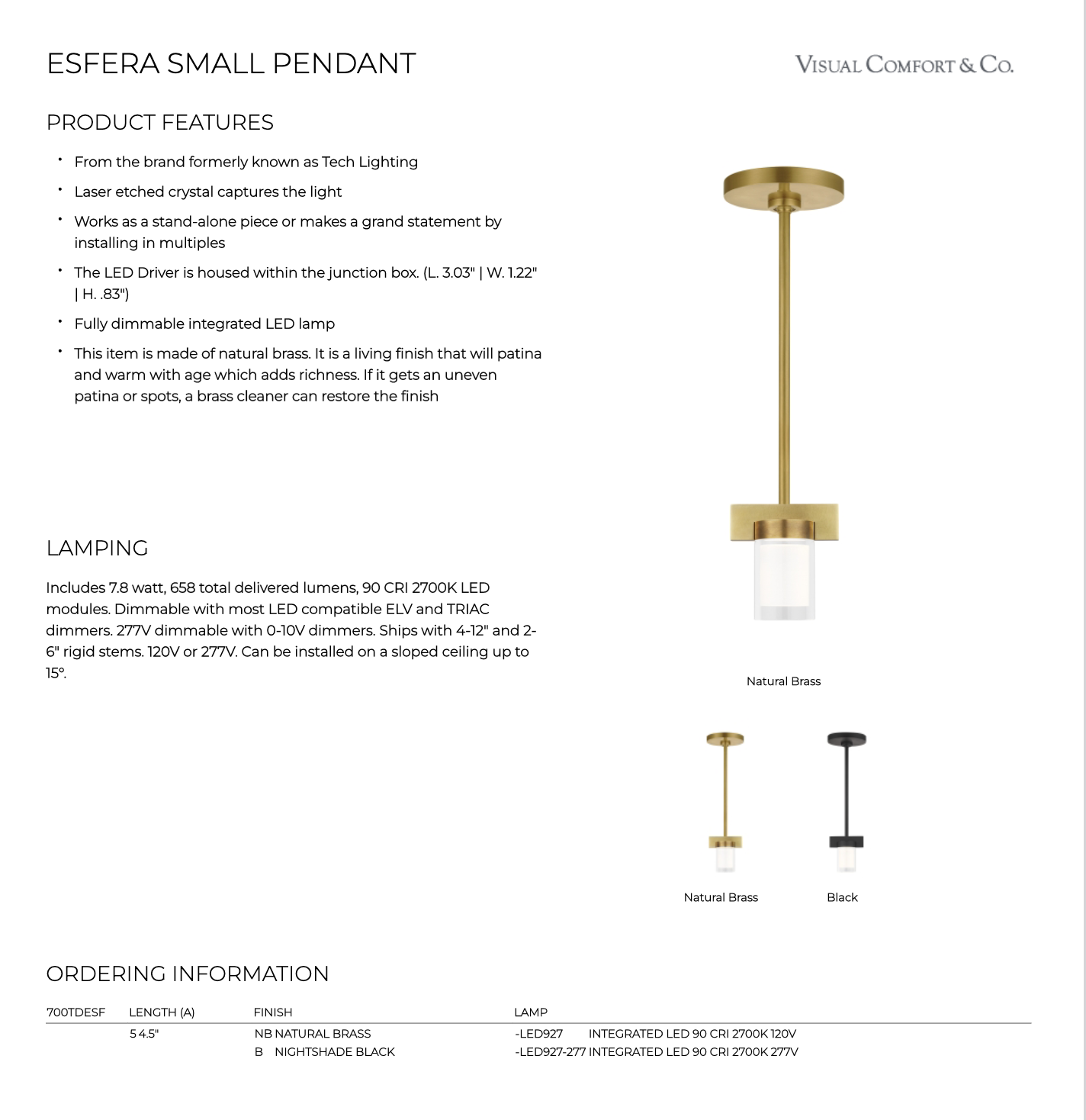 Esfera Small Pendant Brass Black by Visual & Comfort & Co