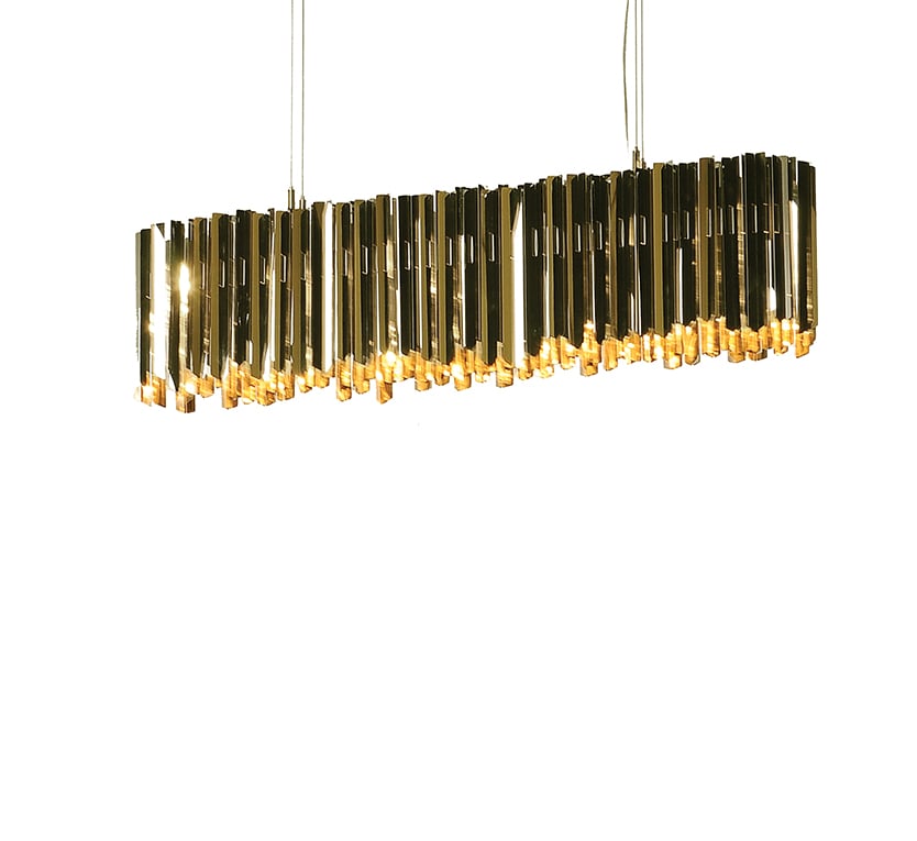 Innermost Facet Lozenge linear chandelier by Tom Kirk – Polished Brass finish