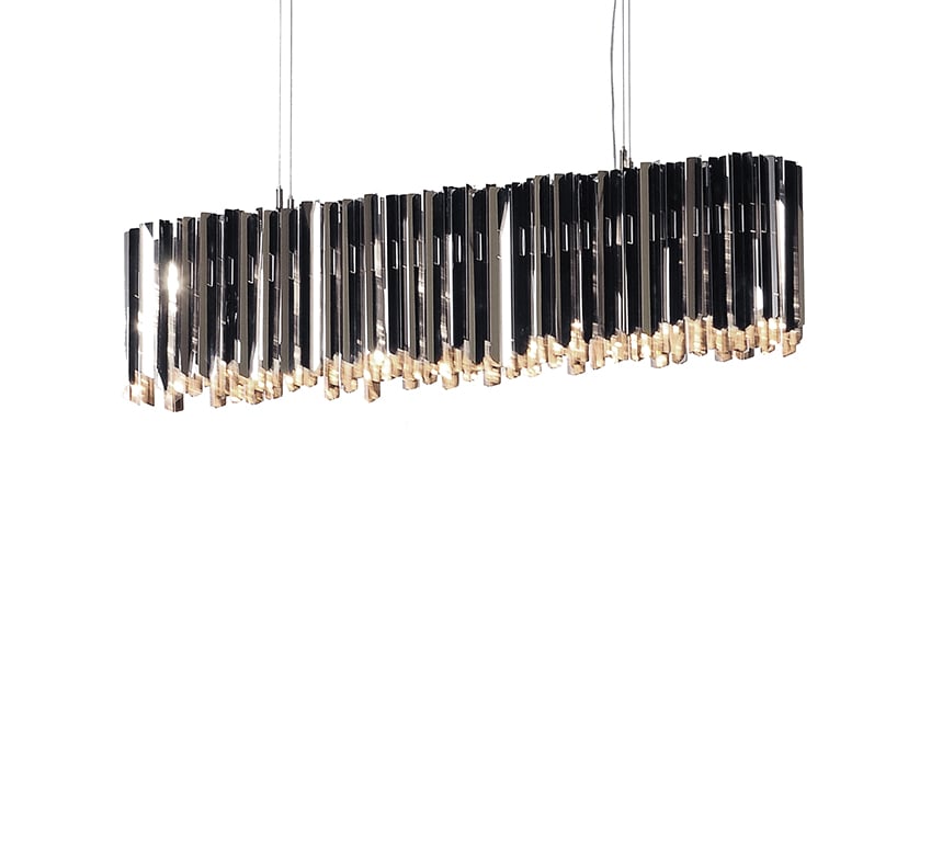 Innermost Facet Lozenge linear chandelier by Tom Kirk – Polished Stainless Steel finish