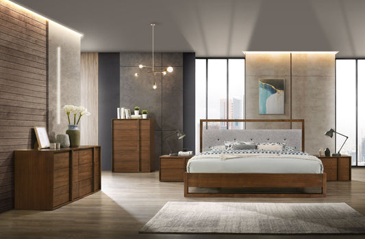 Queen Nova Domus Falcor Modern Grey Fabric and Walnut Veneer Bed