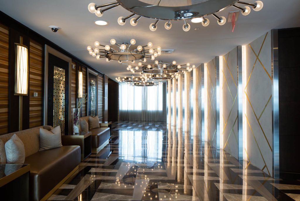 Mohegan Sun Casino corridor with Viso Gemma cluster pendants overhead