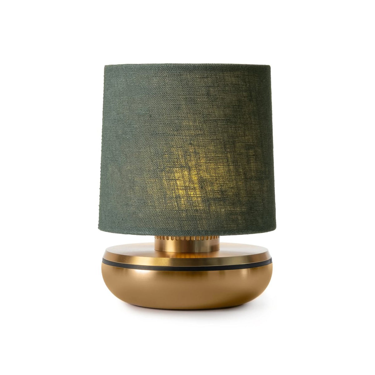 Humble Firefly Cordless Table Lamp by Humble, Gold with Emerald Linen Shade (image 3)