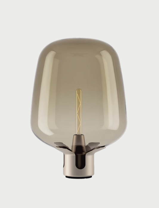 Lodes Flar designer lamp with Champagne steel base and Honey blown glass diffuser
