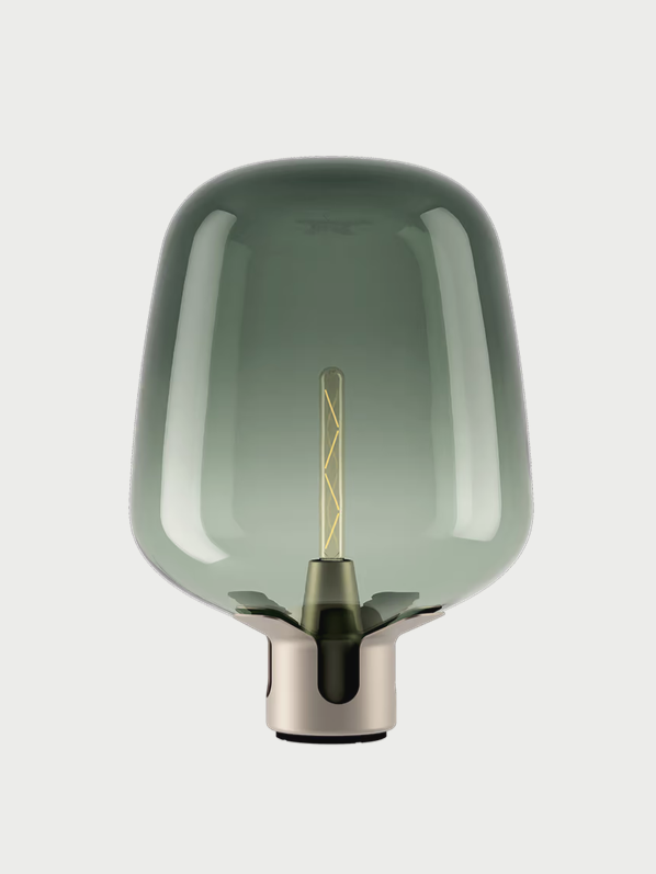 Lodes Flar designer lamp with Champagne steel base and Turquoise blown glass diffuser