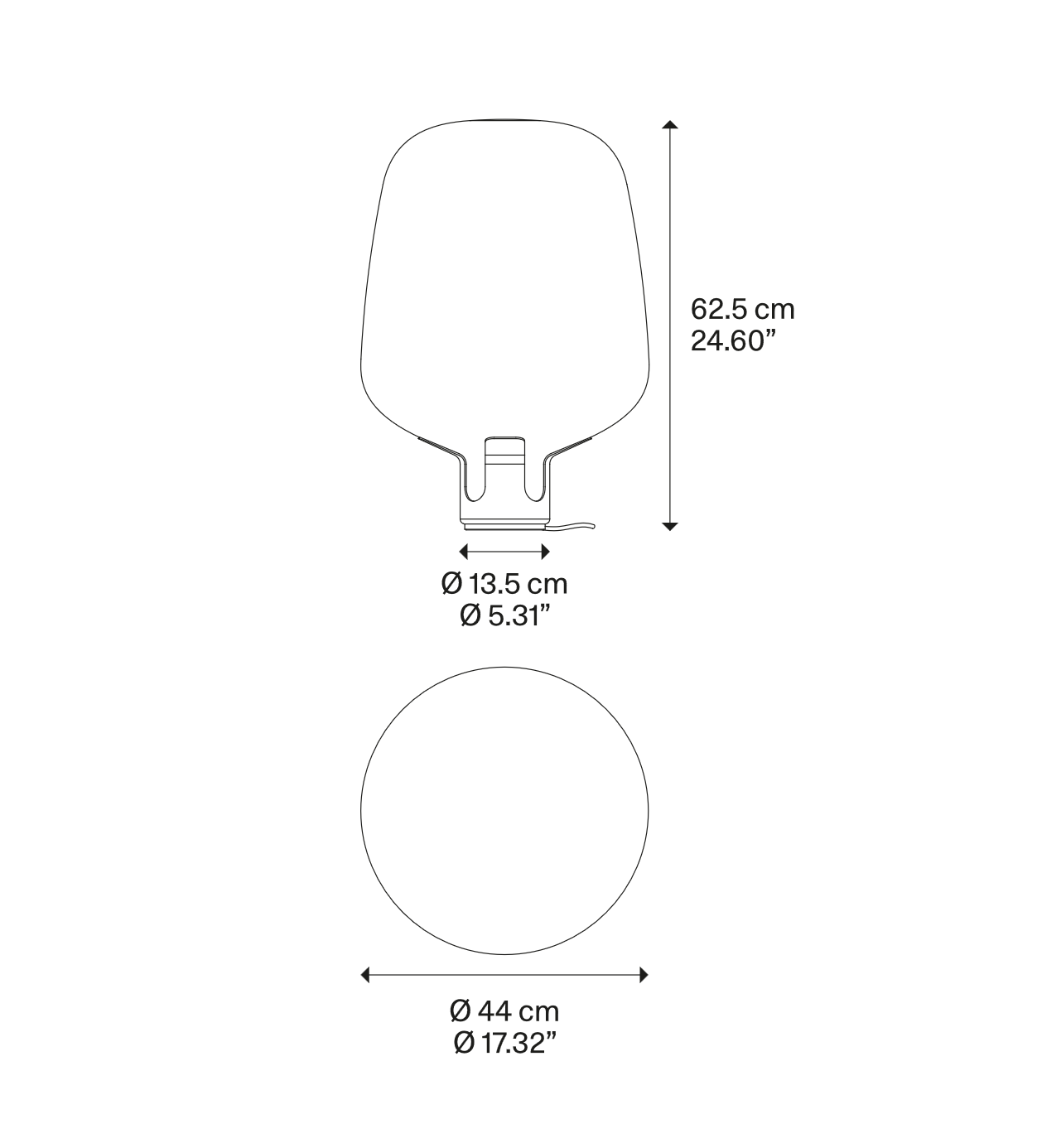 Dimension drawing of the Lodes Flar Large designer lamp with detailed size specifications