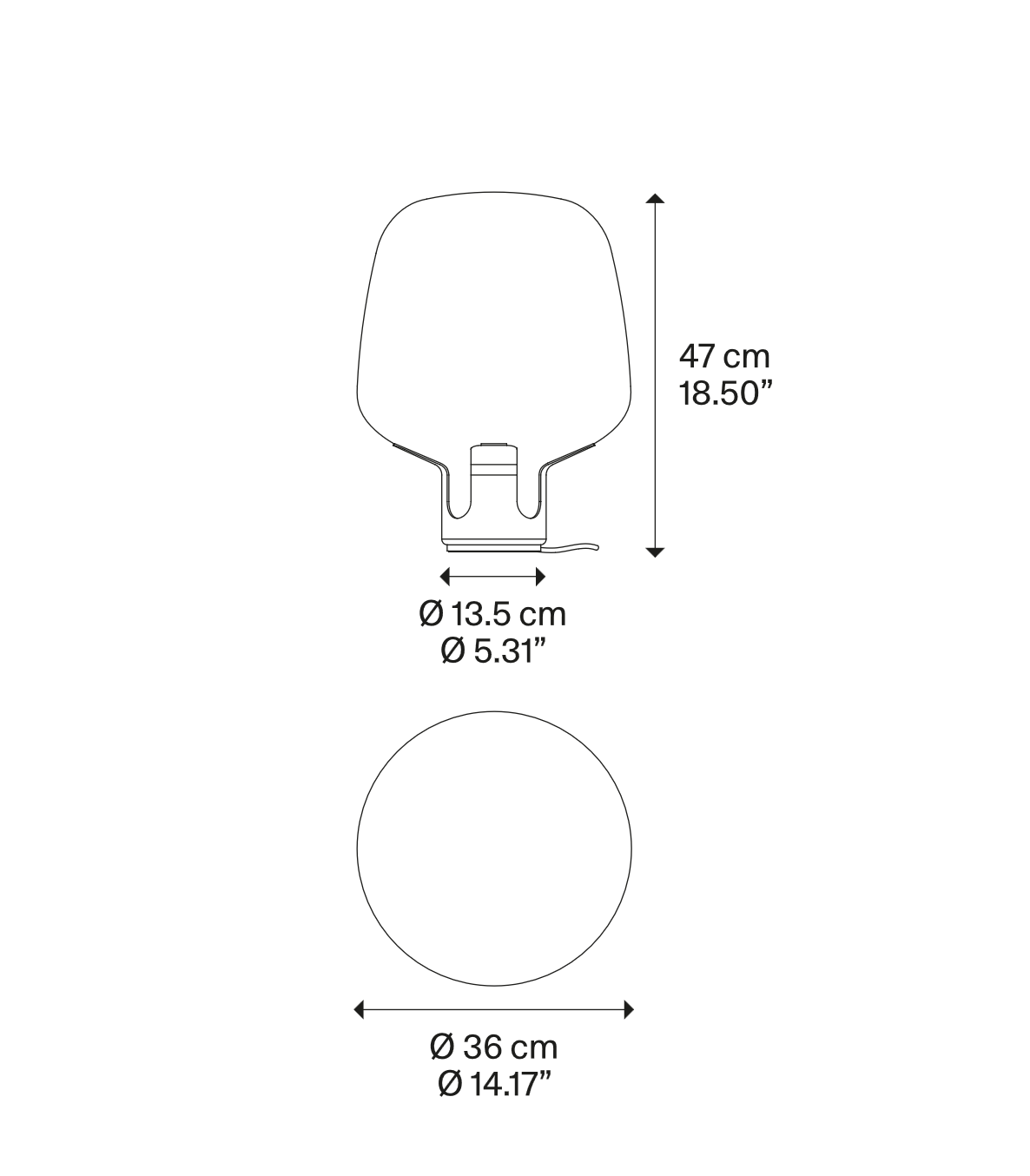 Dimension drawing of the Lodes Flar Medium designer lamp with overall size specifications