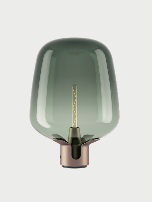 Lodes Flar designer lamp with Terra steel base and Turquoise blown glass diffuser
