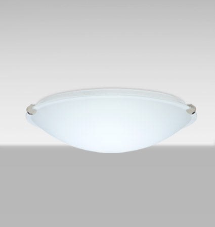 Besa Trio 12 – White glass, lit, angled view, shown with polished nickel clips