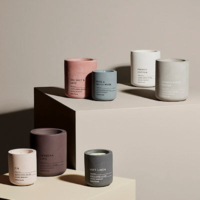 blomus FRAGA Concrete Candle Set, Large & Small – FRAGA candle set in a styled room (1)
