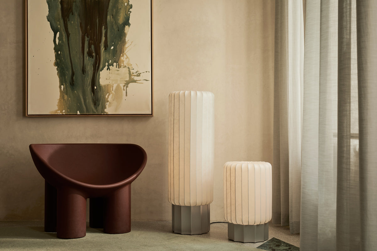 Pholc Meter cocoon floor lamp by Maria Bruun and Anne Dorthe Vester – several finishes, styled in a room (2)