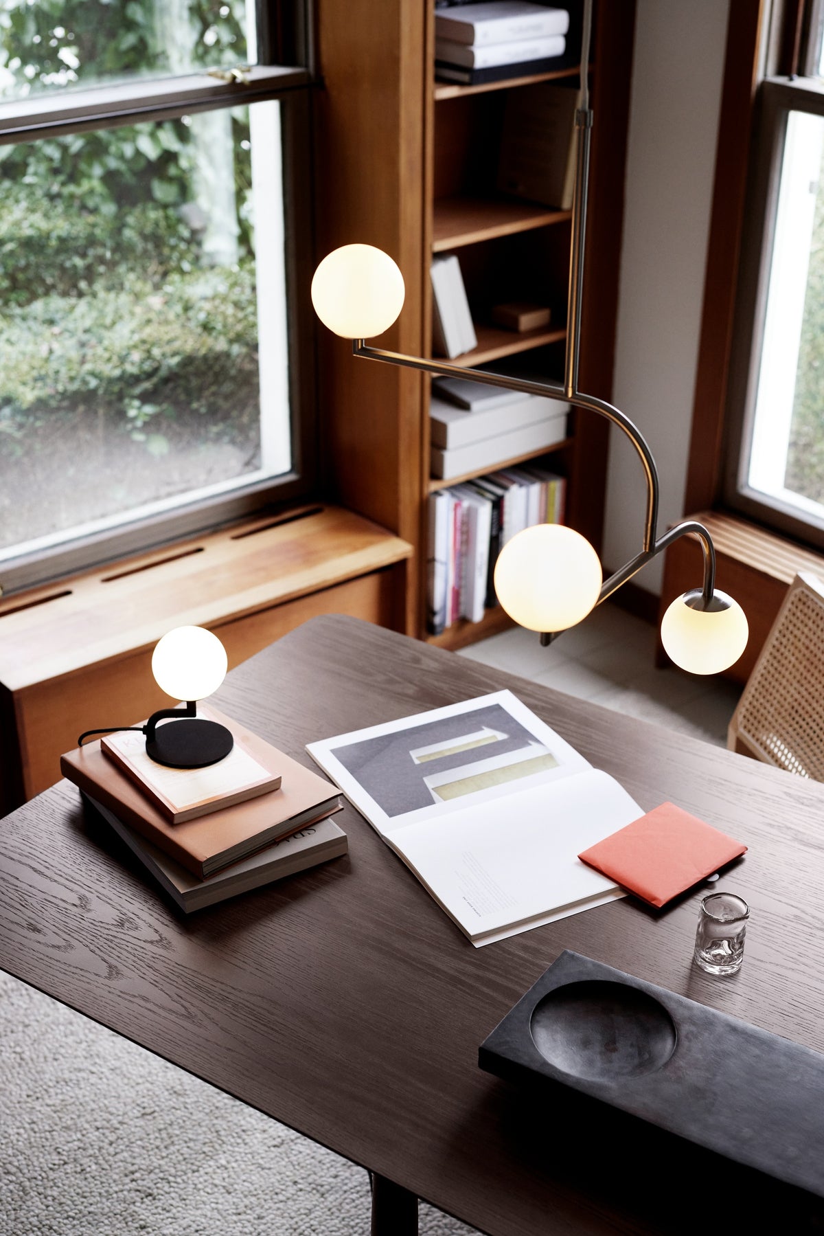 Pholc Mobil chandelier by Monika Mulder – Mobil 70 (3 lights) Nickel and Opal, styled in a room