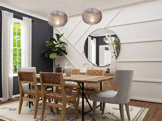 Besa Geno pendants in Vapor Amber over a dining table