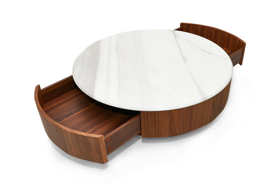 Nova Domus Hilton Modern Walnut and White Marble Round Coffee Table