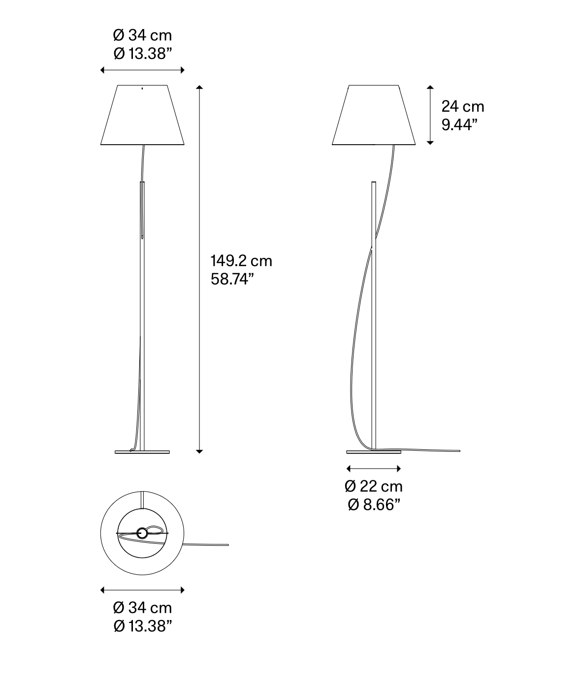 Technical dimensions drawing of the Lodes Hover LED Floor Lamp by YOY with product measurements