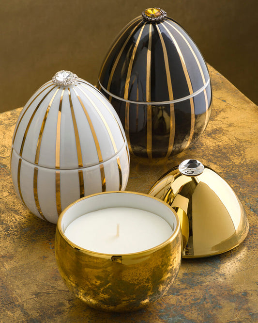 Bois de Russie 220 g ceramic egg candle by Ladenac Milano, Gold egg opened to show the candle inside