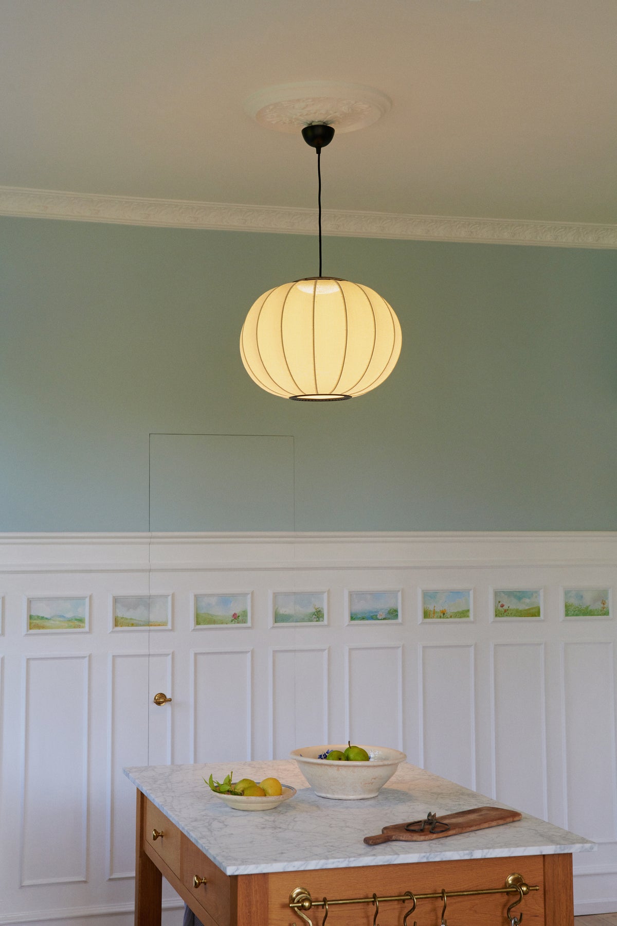 Knit-Wit 45 LED Pendant in pearl white, shown in an interior (55)
