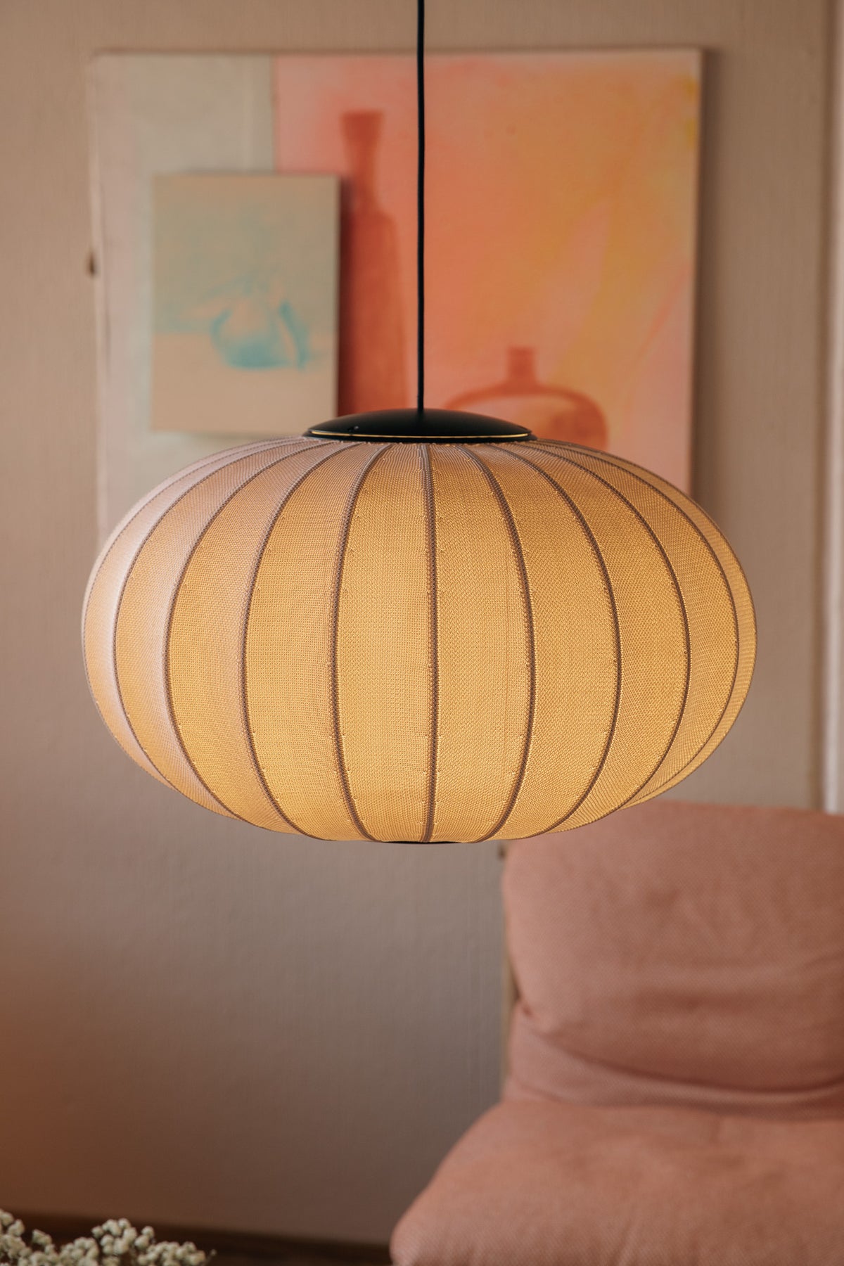 Knit-Wit Oval 57 LED Pendant in sand stone, shown in an interior (30)