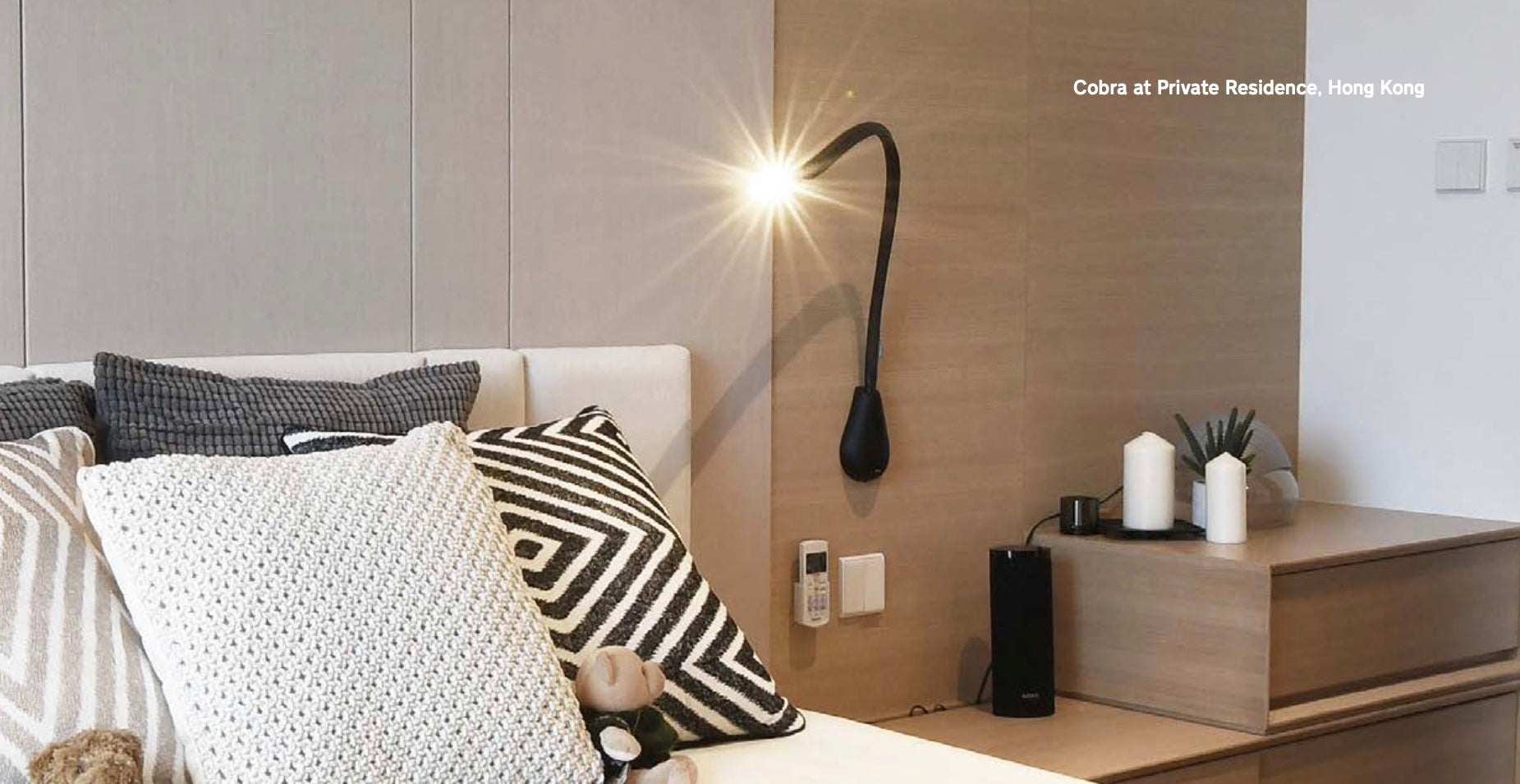 Sleek brown leather Cobra wall-mounted lamp, showcasing its compact design and built-in USB outlet.